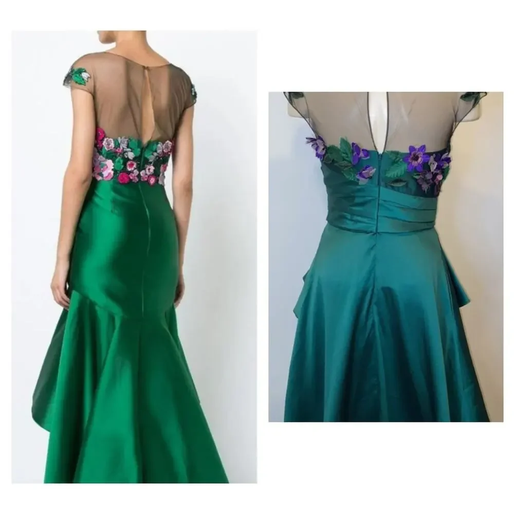 Marchesa notte Silk Embroidered Floral High Low Gown in Green - Picture 3 of 12